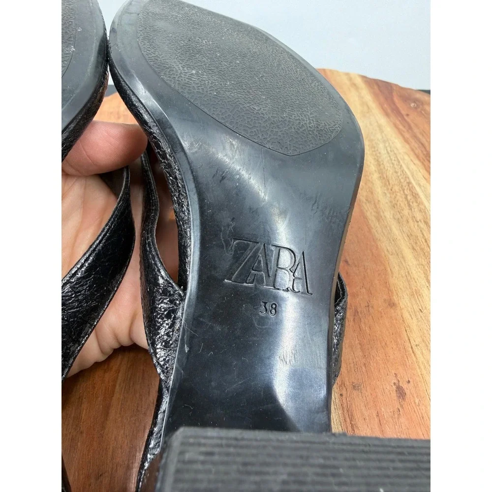 Zara Block Heel Thong Sandals Women 38 7 Black Square Toe Mules 3351/310/800